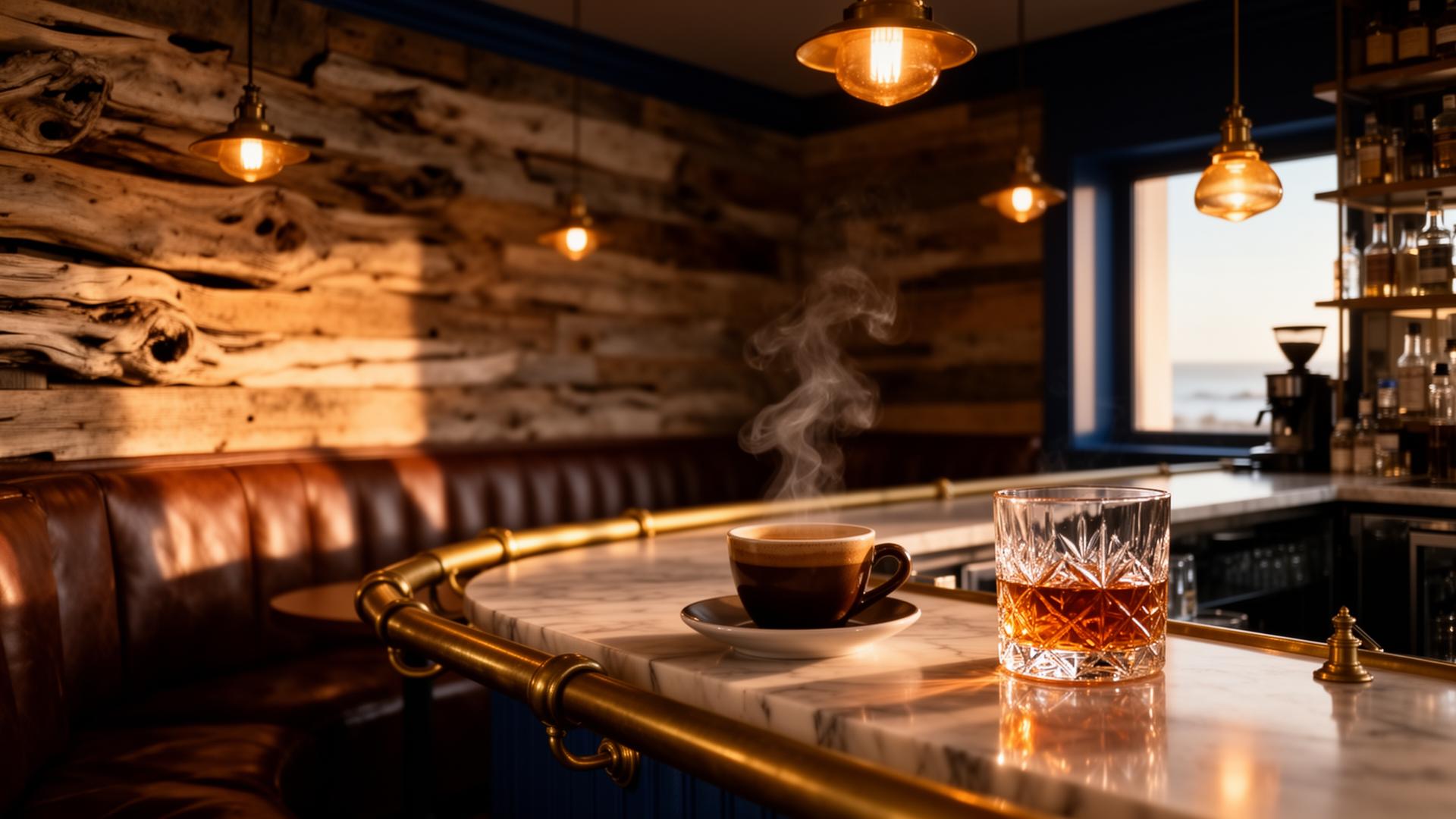 Driftwood interior — warm lighting, driftwood, coffee and whiskey on a marble bar